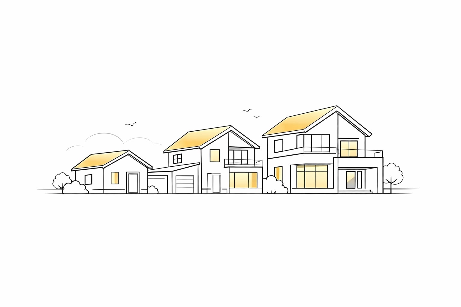 Modern line art of multiple houses representing a growing portfolio of new construction properties.