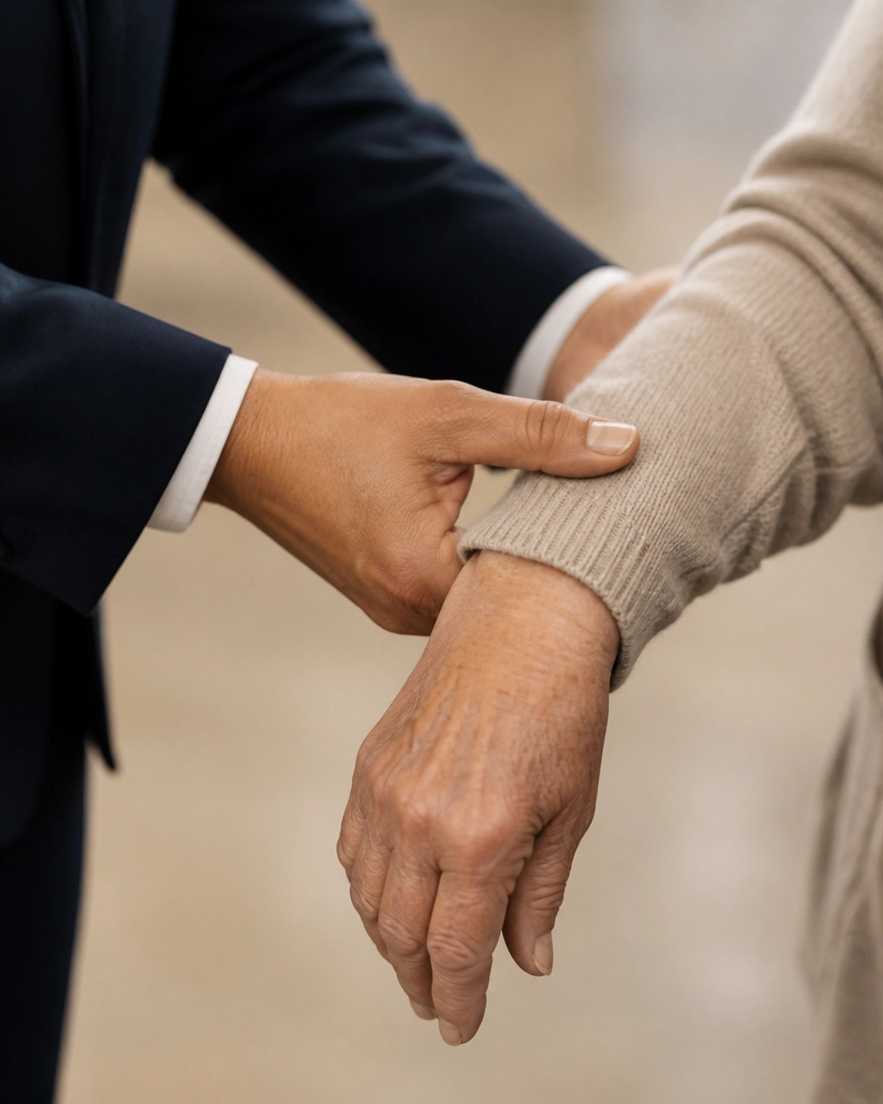 A driver's hand gently assisting an elderly person, showing care and dignity