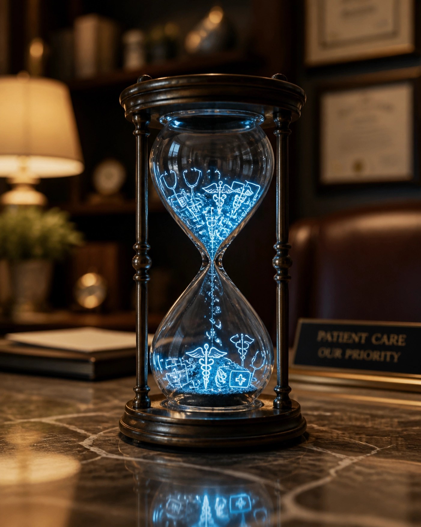 Hourglass with medical symbols illustrating the wait time for Medicare insurance prior authorization approvals.