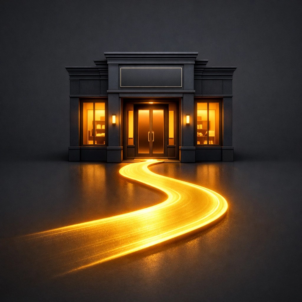 Modern storefront with a path of light symbolizing financial continuity and business interruption coverage for 2026.