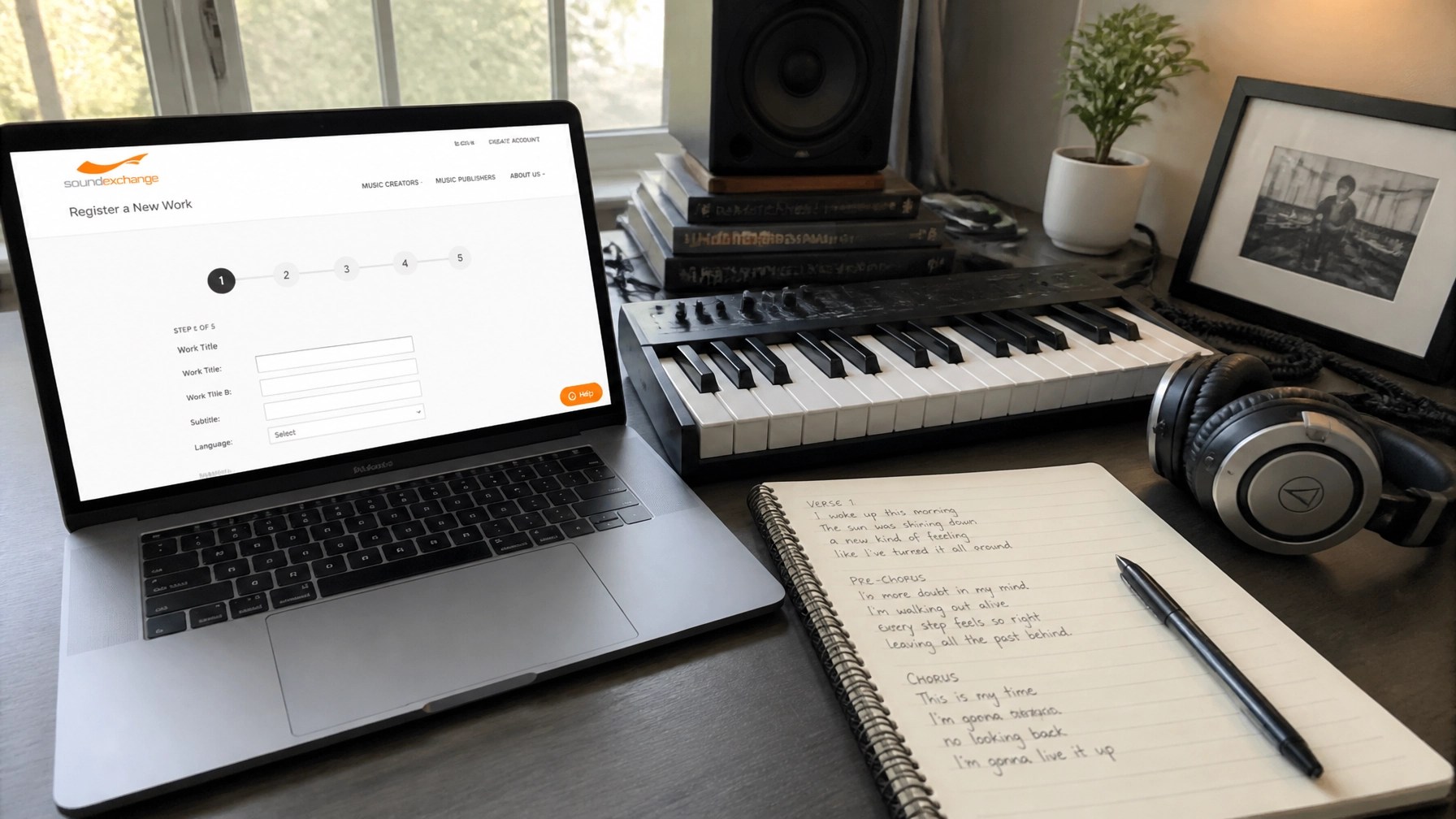 A professional desk setup showing SoundExchange and music publishing registration forms.