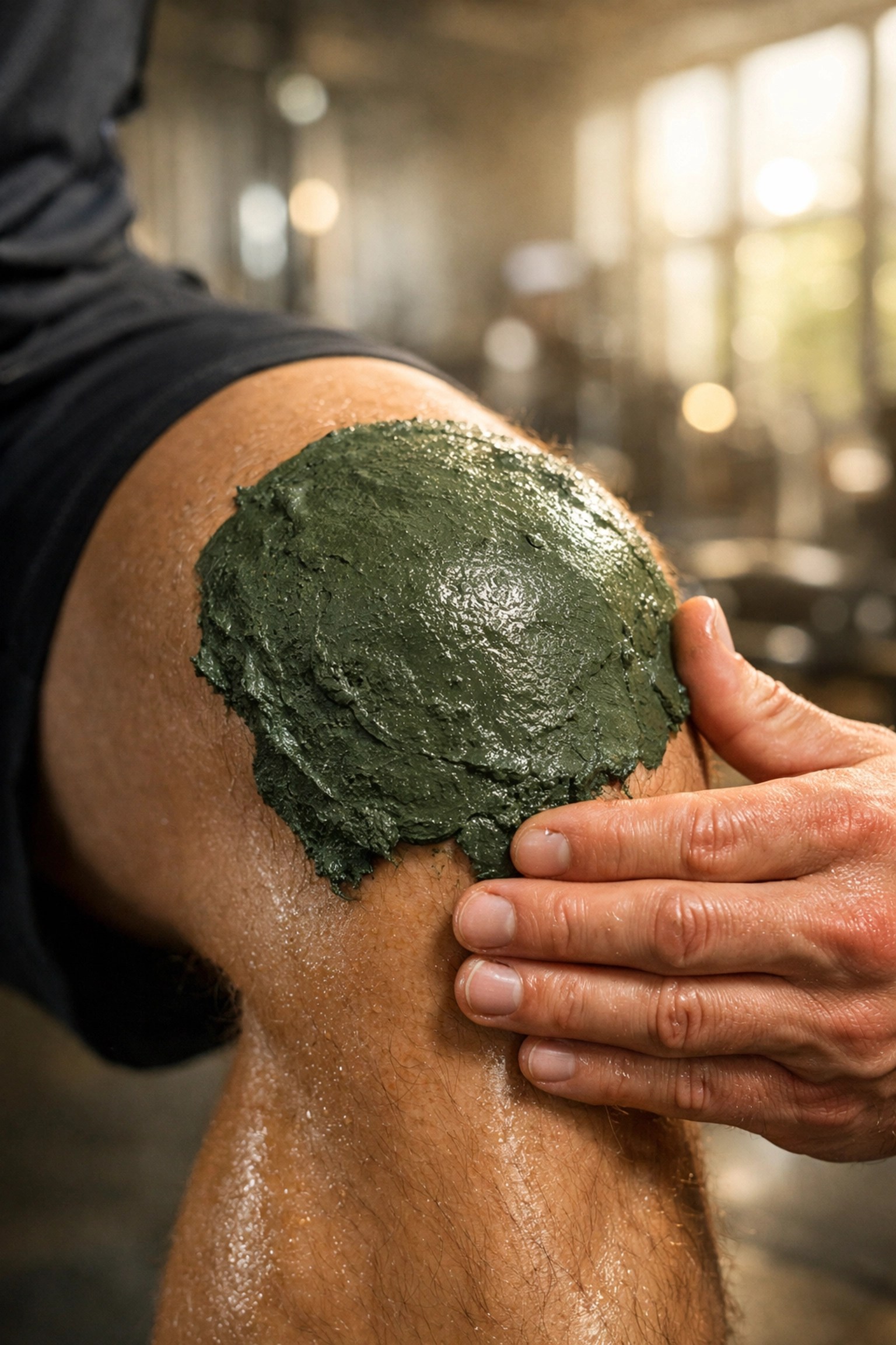 Athlete applying a green clay poultice to their knee for natural sports recovery and healing.