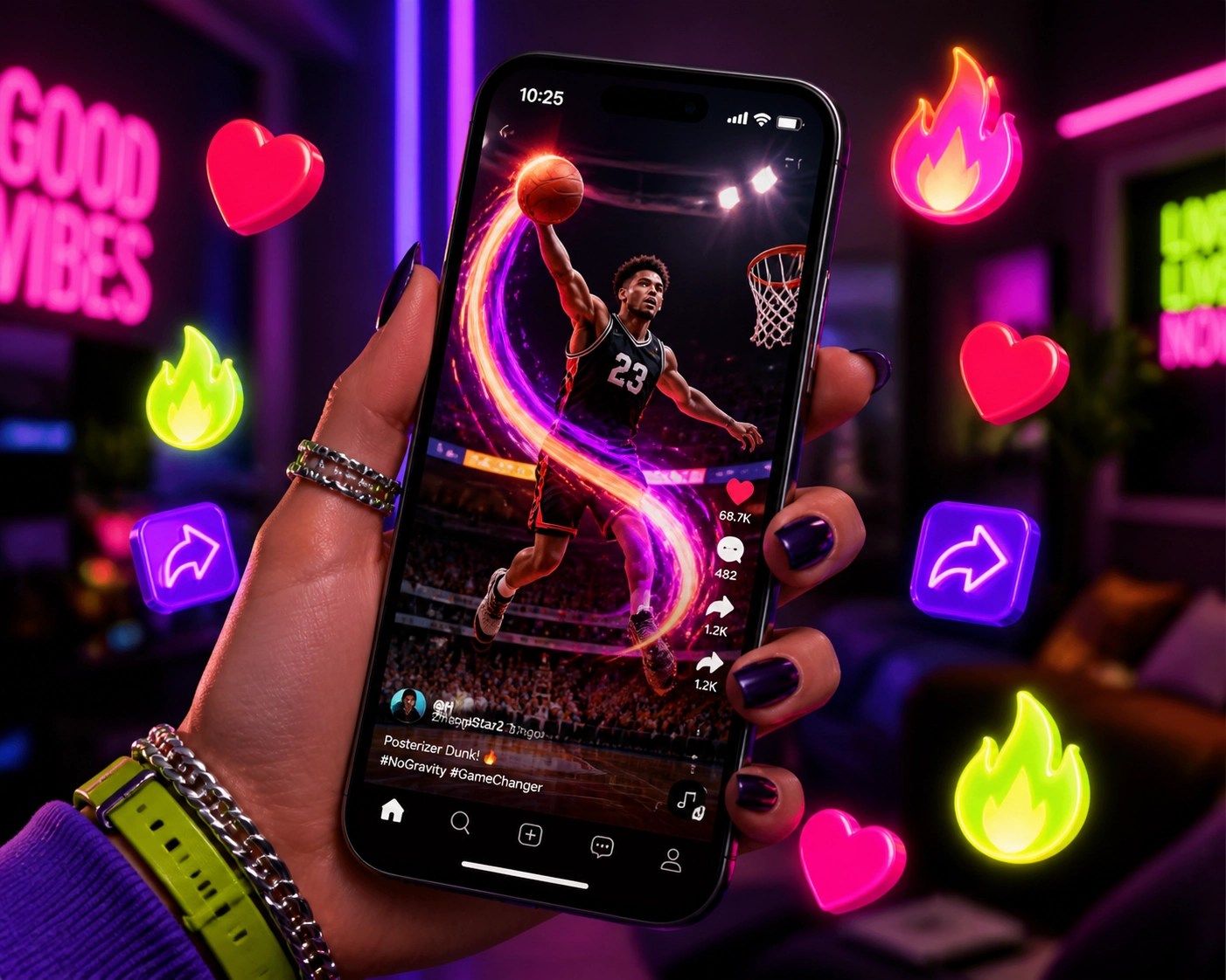 Gen Z sports fan watching basketball highlights on a mobile phone with colorful social media notification icons.