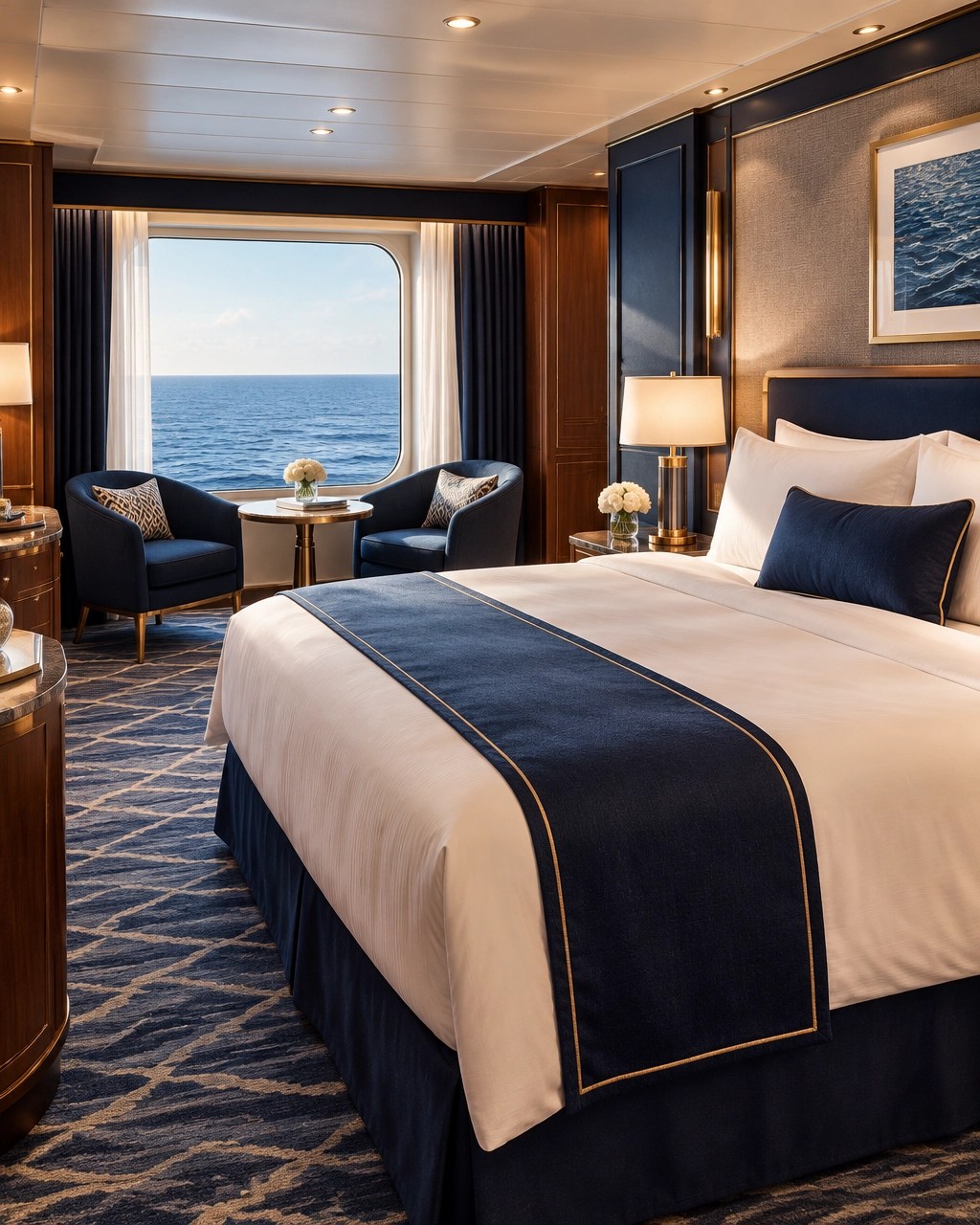 Serene luxury cruise suite with soft linens, warm lighting, and an ocean view