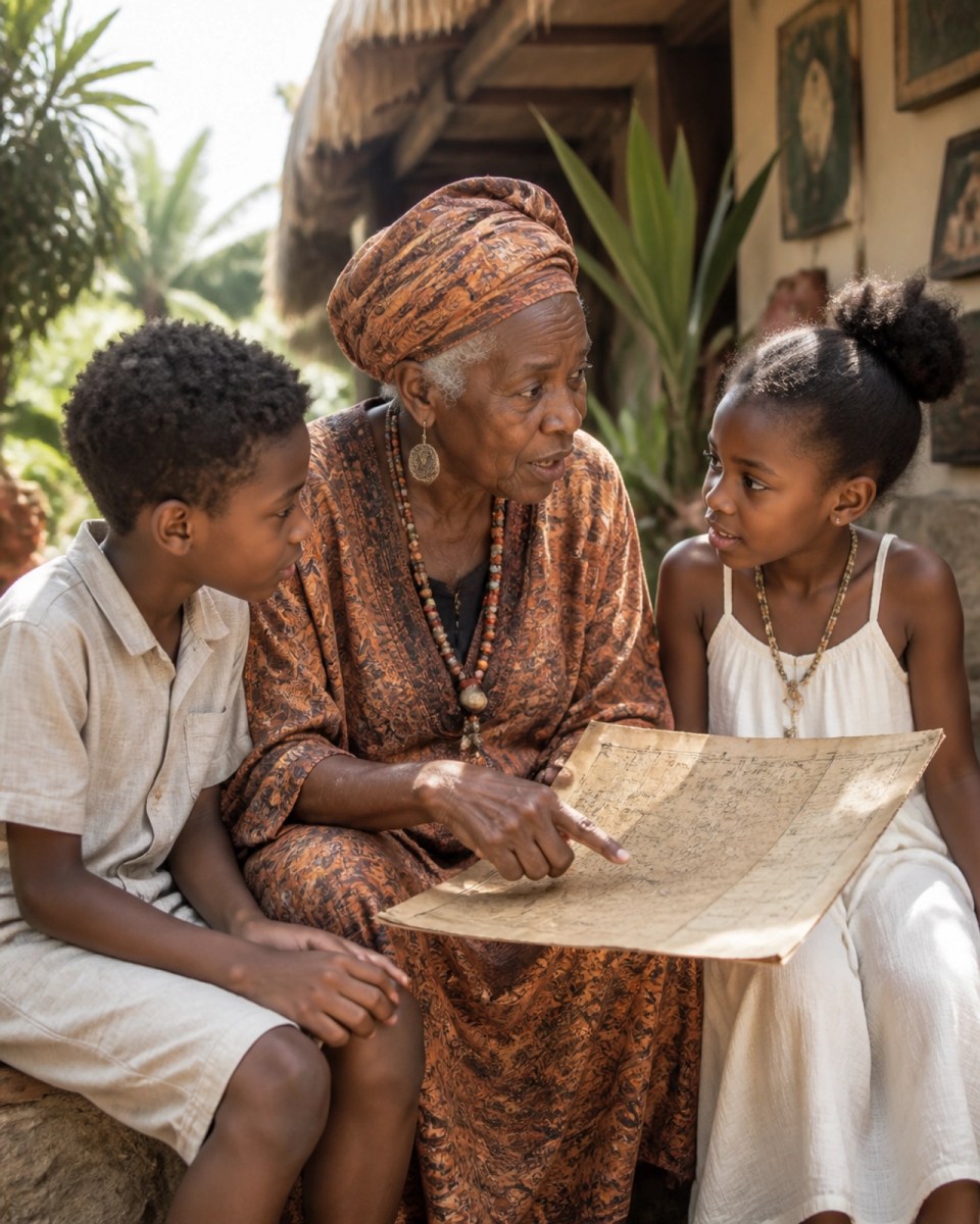Grandmother teaching children about family roots during the best black heritage travel experience through storytelling and ancestral history
