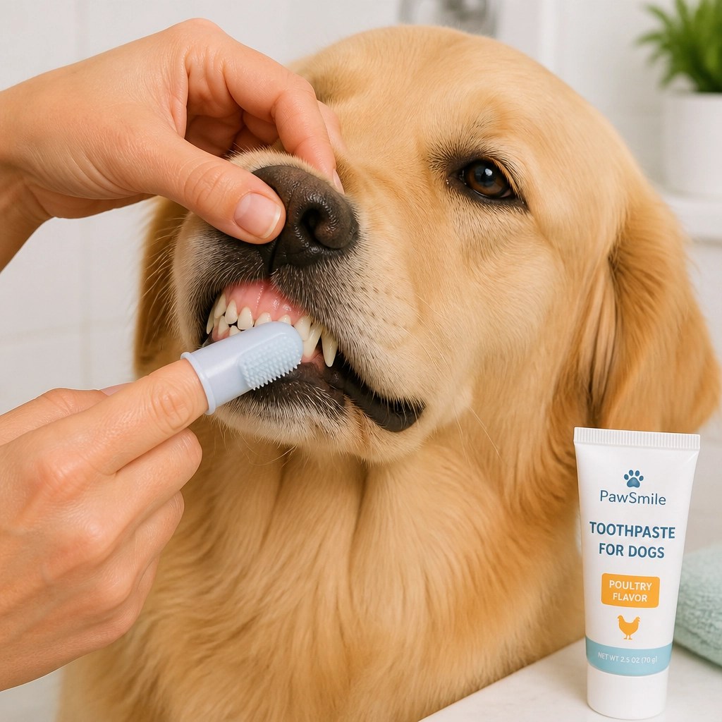 A close-up of a hand gently lifting a dog's lip to use a finger brush with pet-safe toothpaste