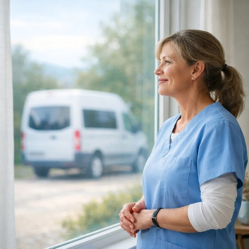 A relieved caregiver watching a scheduled medical transport van arrive at their rural home for a ride.