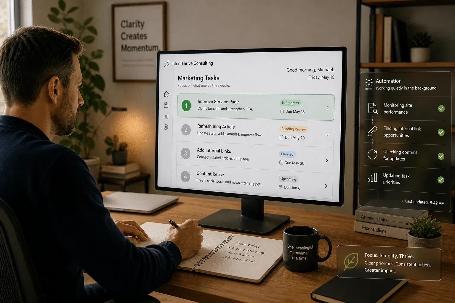 A person reviewing a digital dashboard that shows a prioritized marketing task list, including adding internal links and refreshing content. The environment is organized and professional. internal linking services
