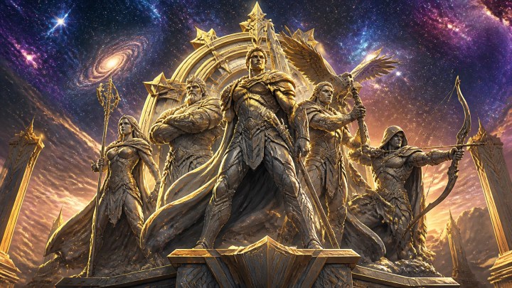Mystical glowing crystal artifact radiating starlight in an ancient futuristic chamber