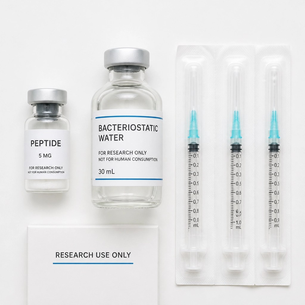 A clean layout of research supplies including a peptide vial, Bac water, and syringes.