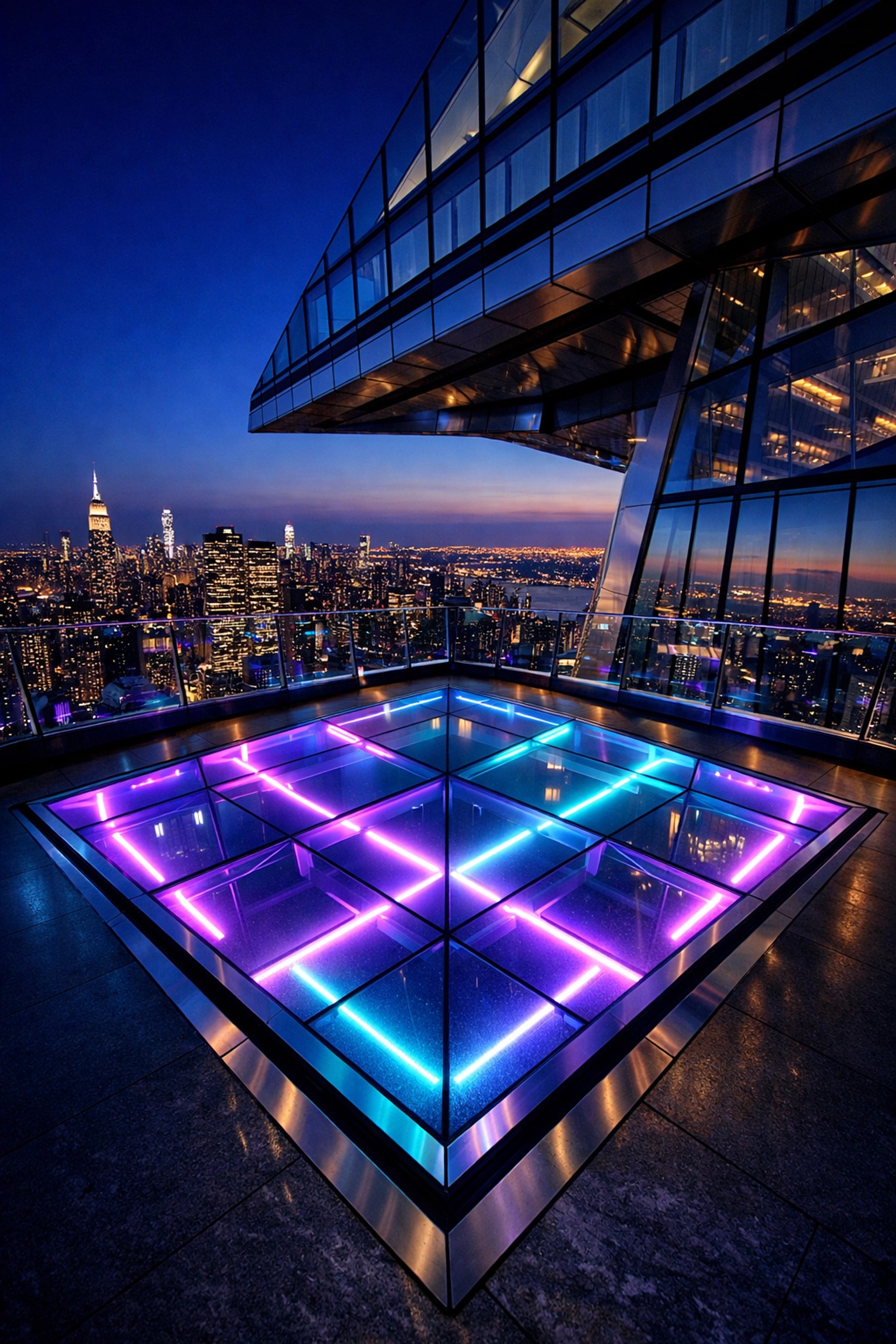 Illuminated glass floor of The Edge observation deck at Hudson Yards overlooking the NYC skyline at night.