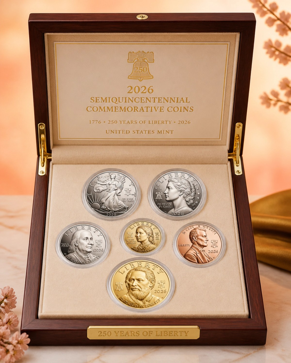 A collection of 2026 US Mint Semiquincentennial commemorative coins in an elegant display box.