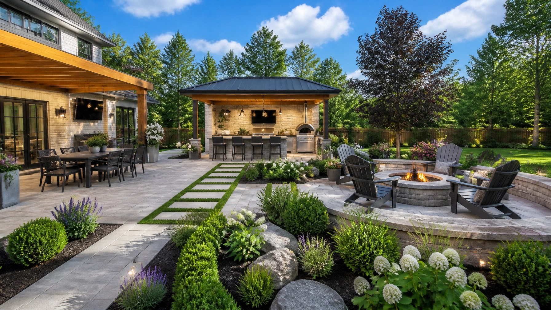 A wide shot of a complete backyard renovation featuring a kitchen, dining, and fire zone.