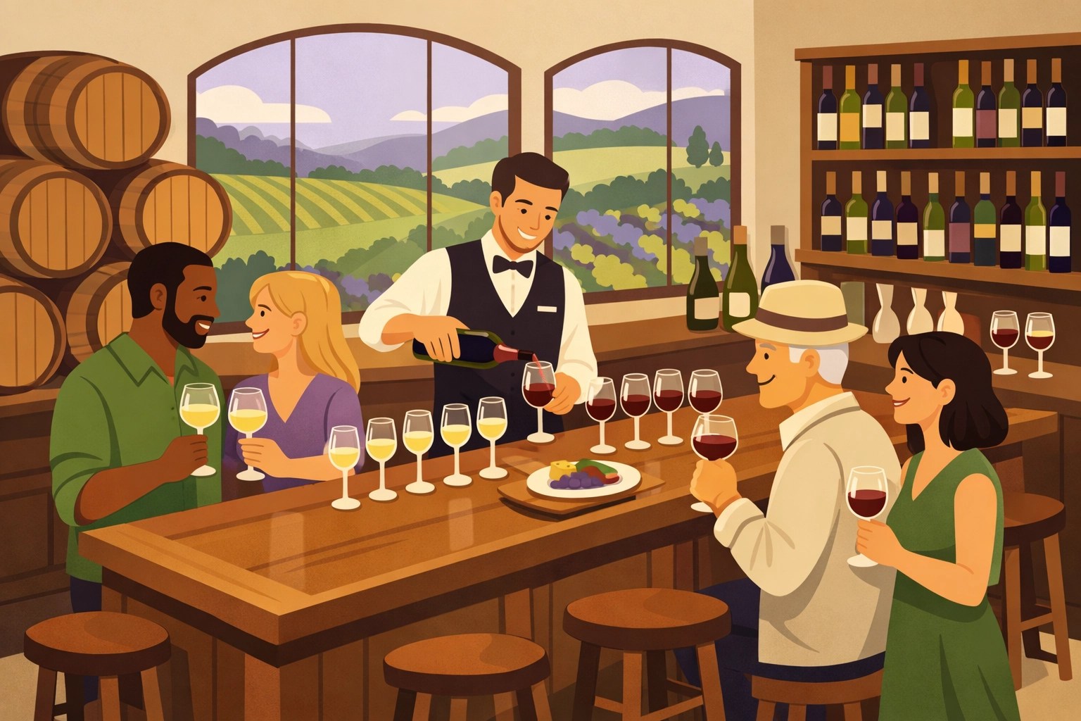 Virginia winery tasting room with sommelier and guests enjoying wine experience