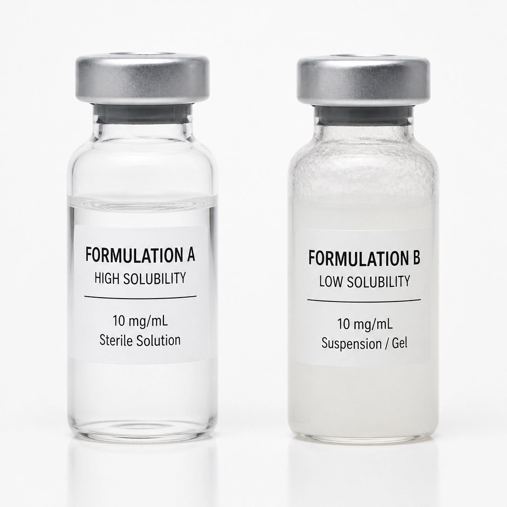 Comparison of a clear soluble vial and a cloudy gelled vial