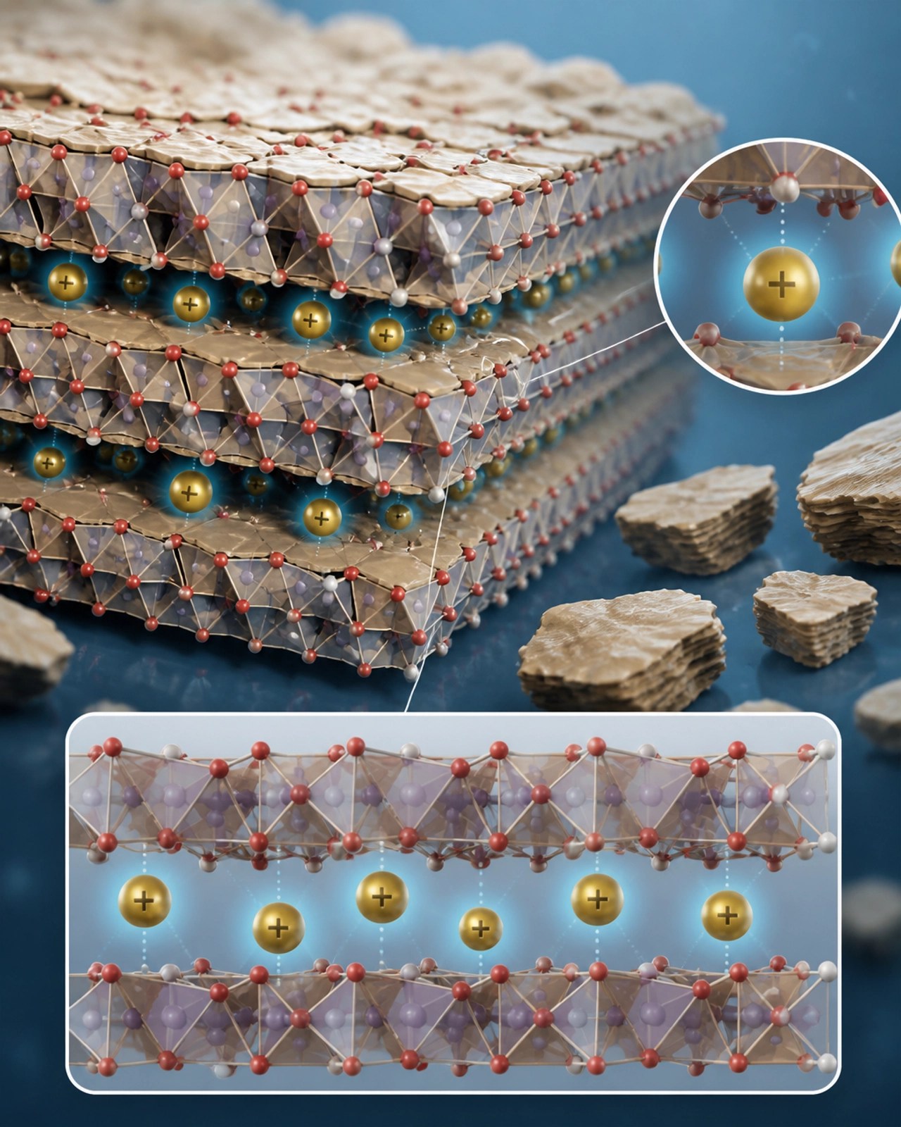 A scientific illustration of clay minerals showing negative charges attracting toxins at a microscopic level.