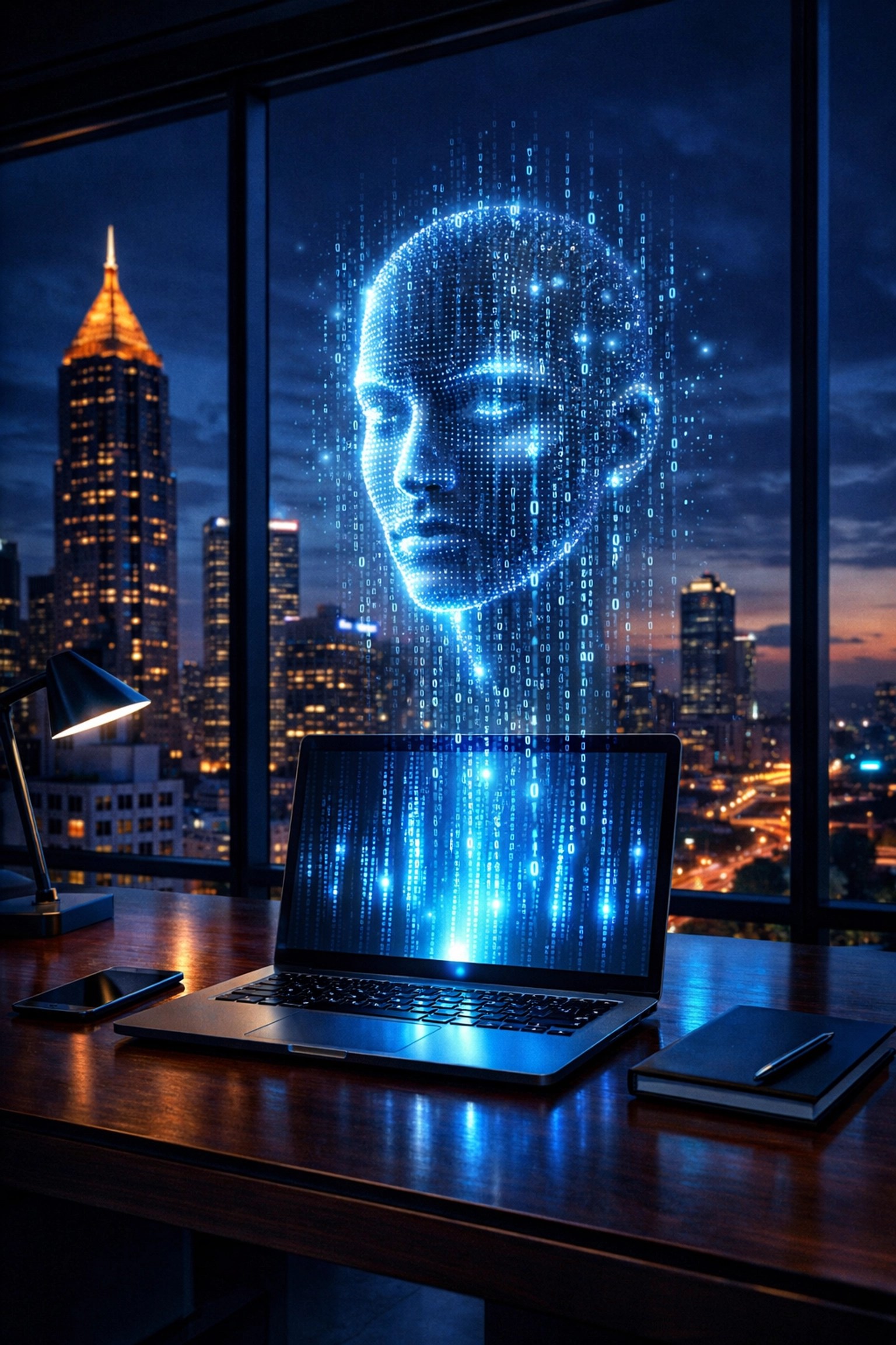 AI digital double hologram in an Atlanta office representing cyber security risks for small businesses.