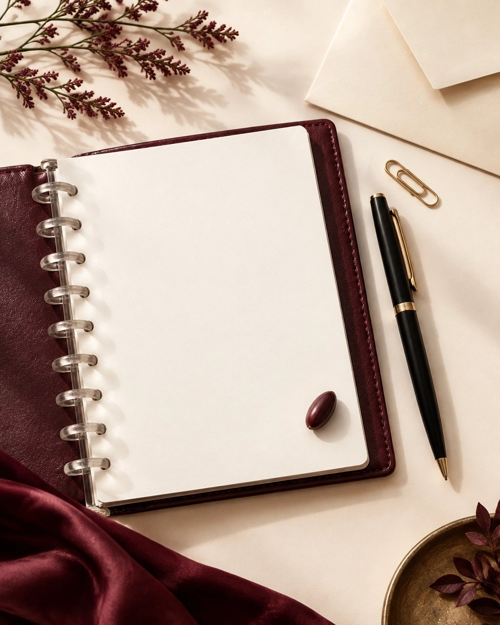 Faith journal open to a blank page with one burgundy seed, black pen, antique-gold paperclip, and warm ivory envelope