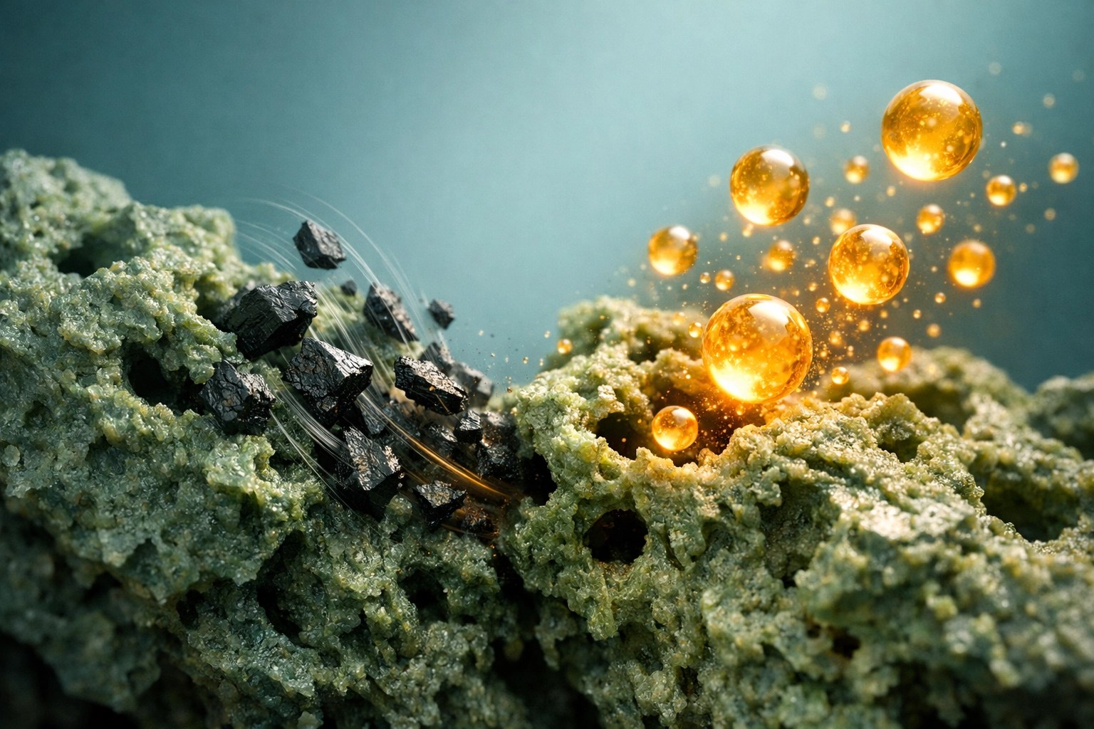 Microscopic view of green clay showing molecular exchange pulling out toxins and releasing minerals.