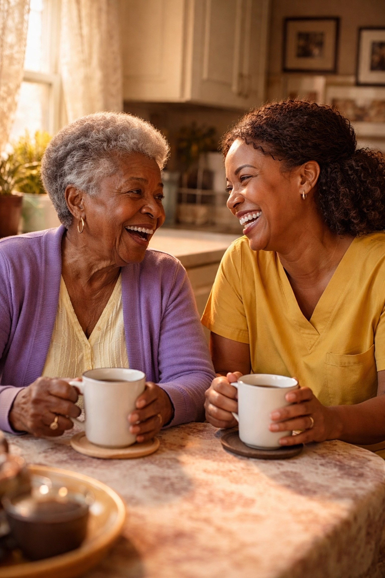 African American caregiver and elderly woman sharing laughter and tea, highlighting home care comfort and connection.