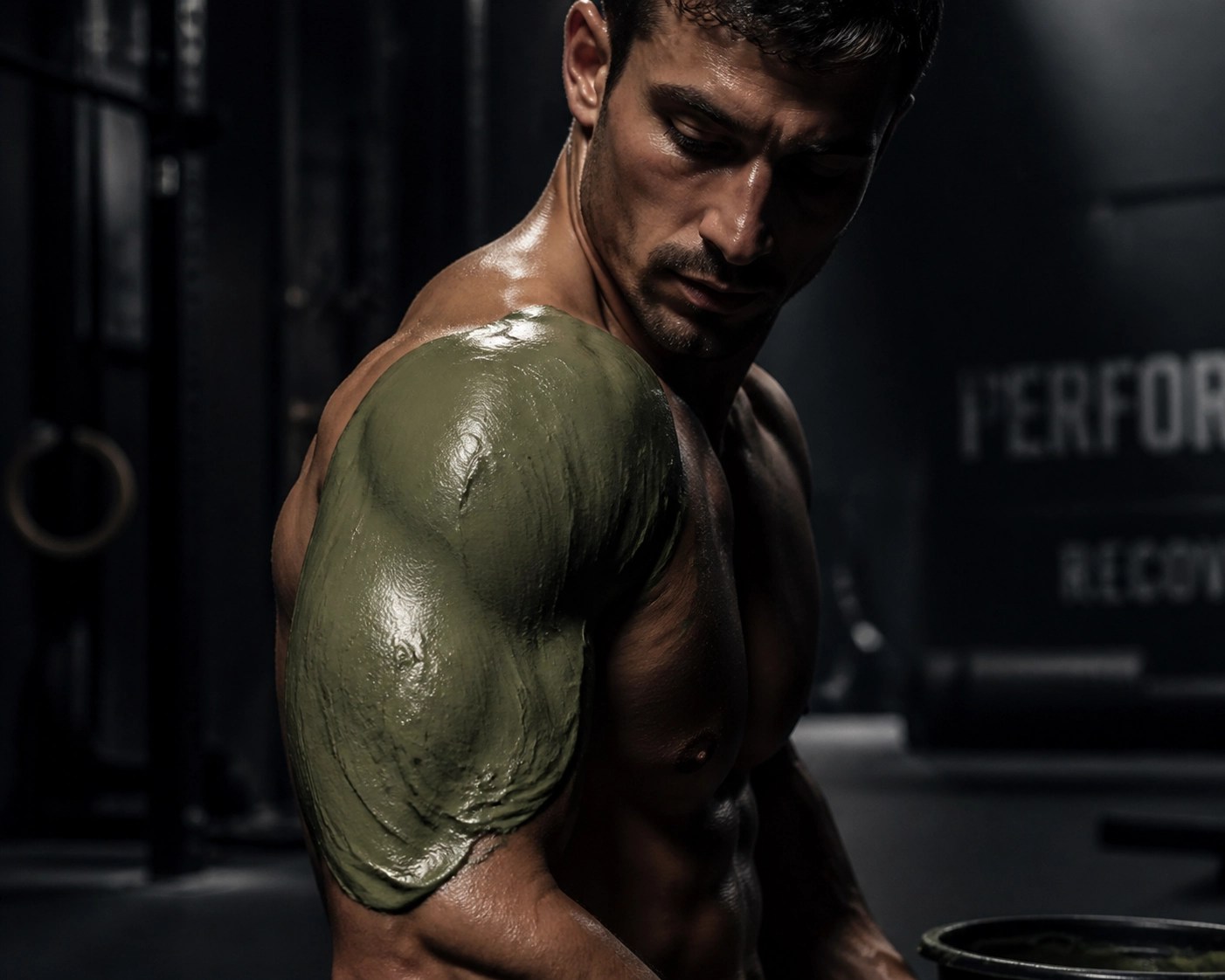 Athlete using Clayer French green clay for muscle recovery and shoulder inflammation relief.