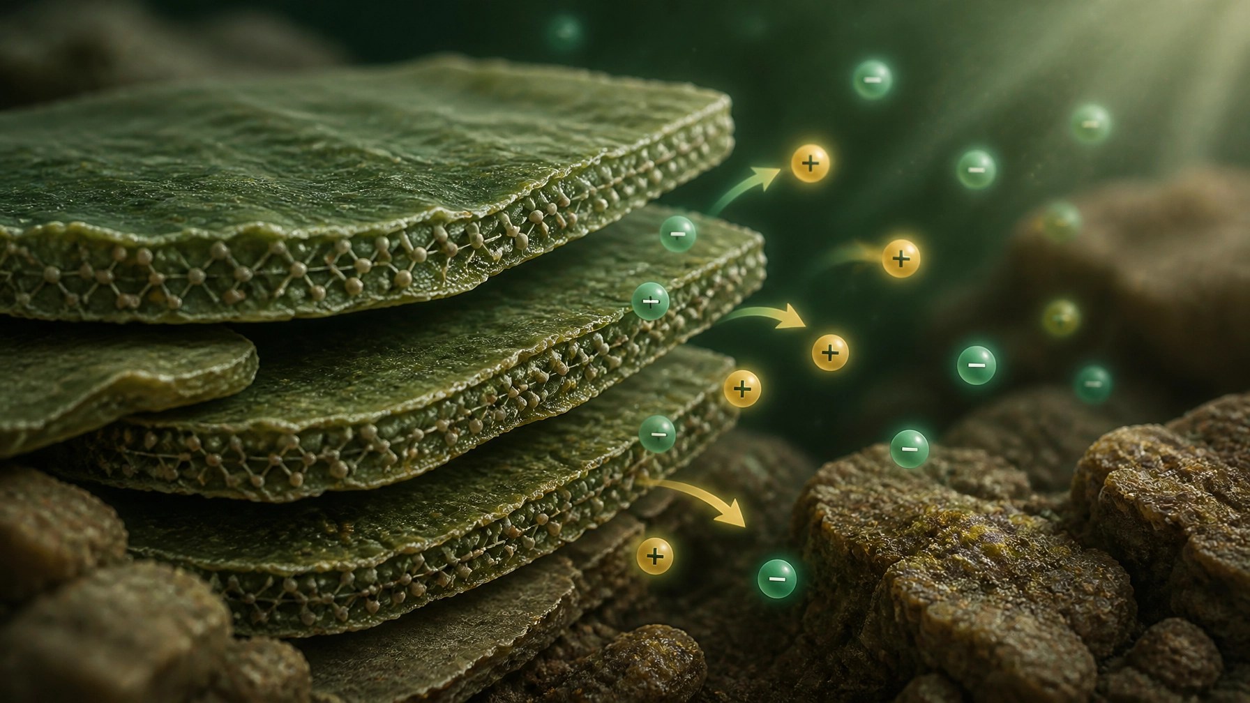 Abstract scientific illustration of ion exchange in clay minerals