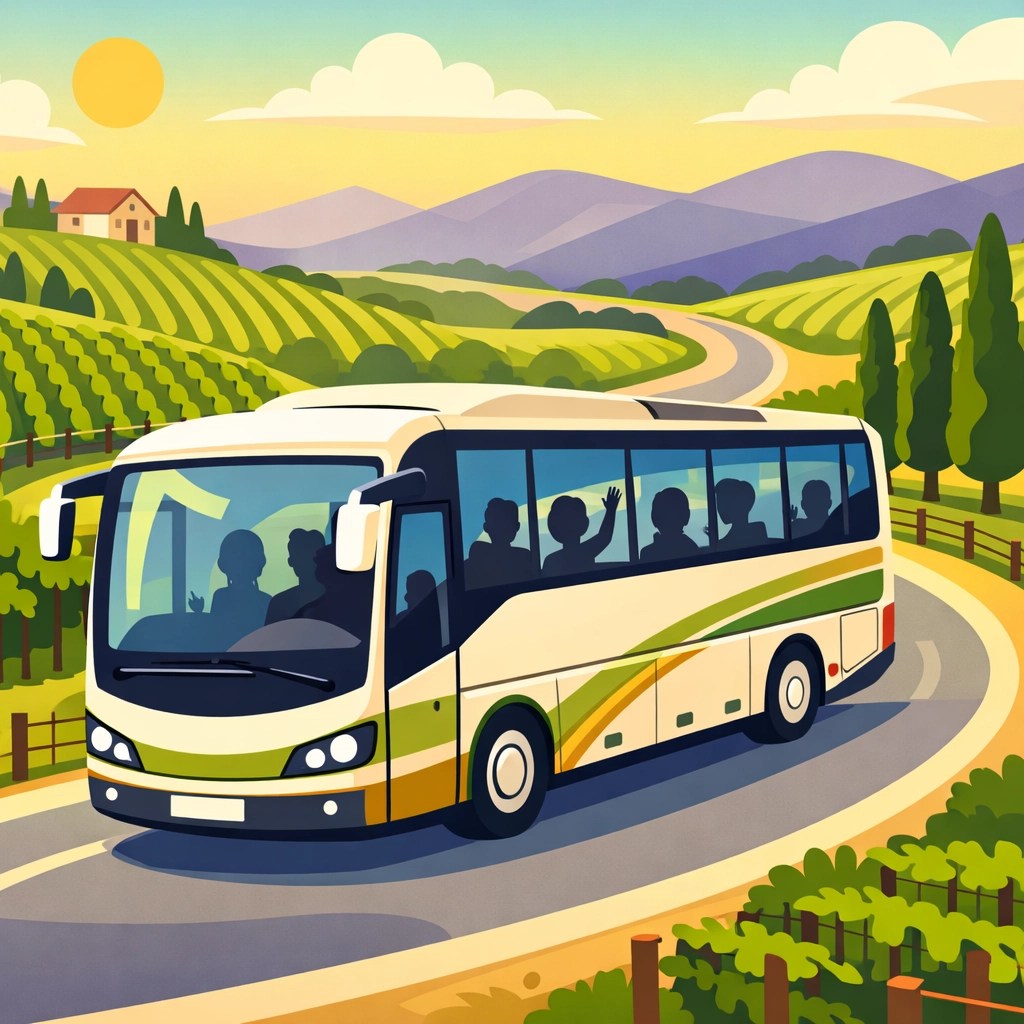 Luxury tour bus traveling through Northern Virginia wine country on guided wine tour