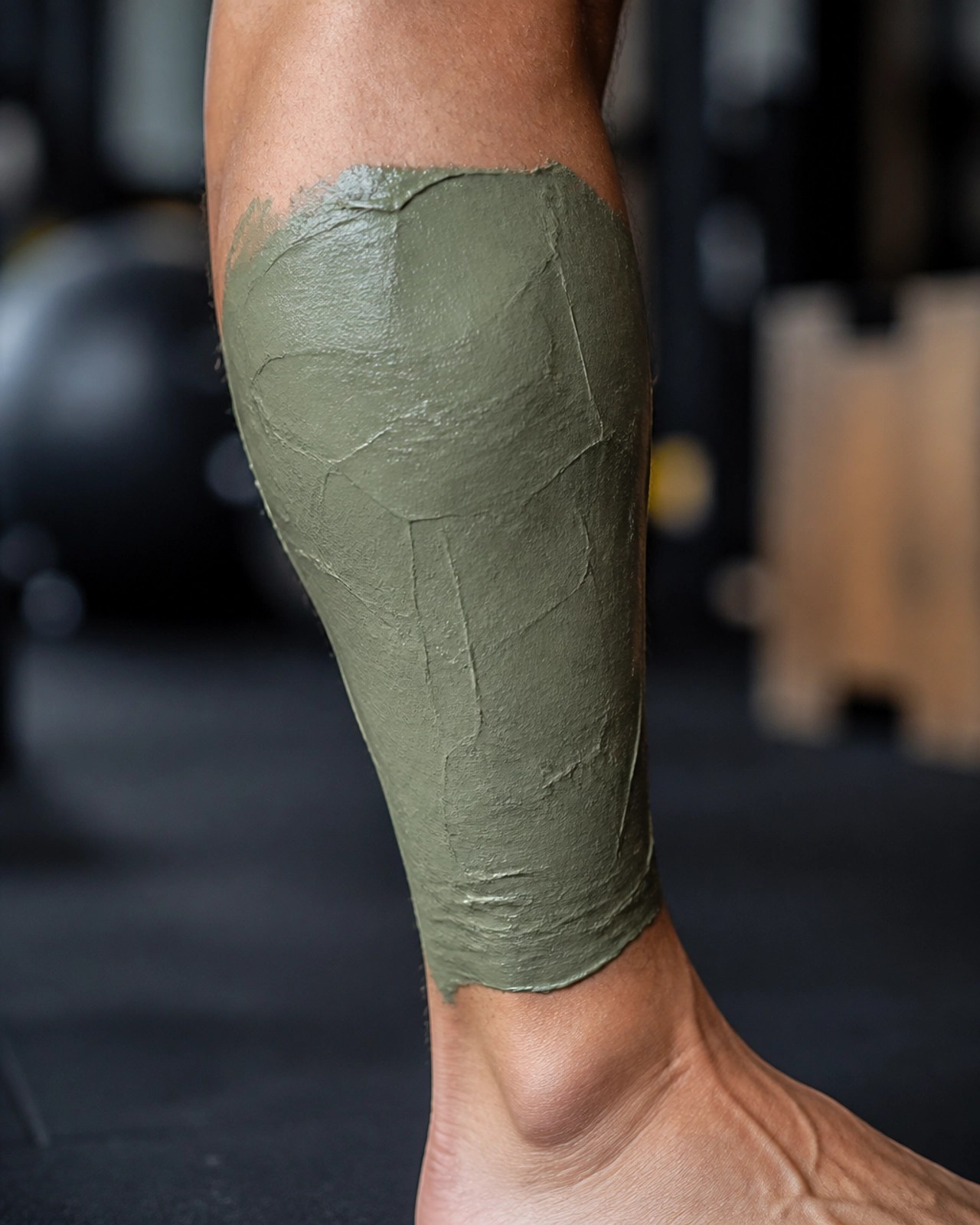An athlete using a green clay poultice on their leg for recovery