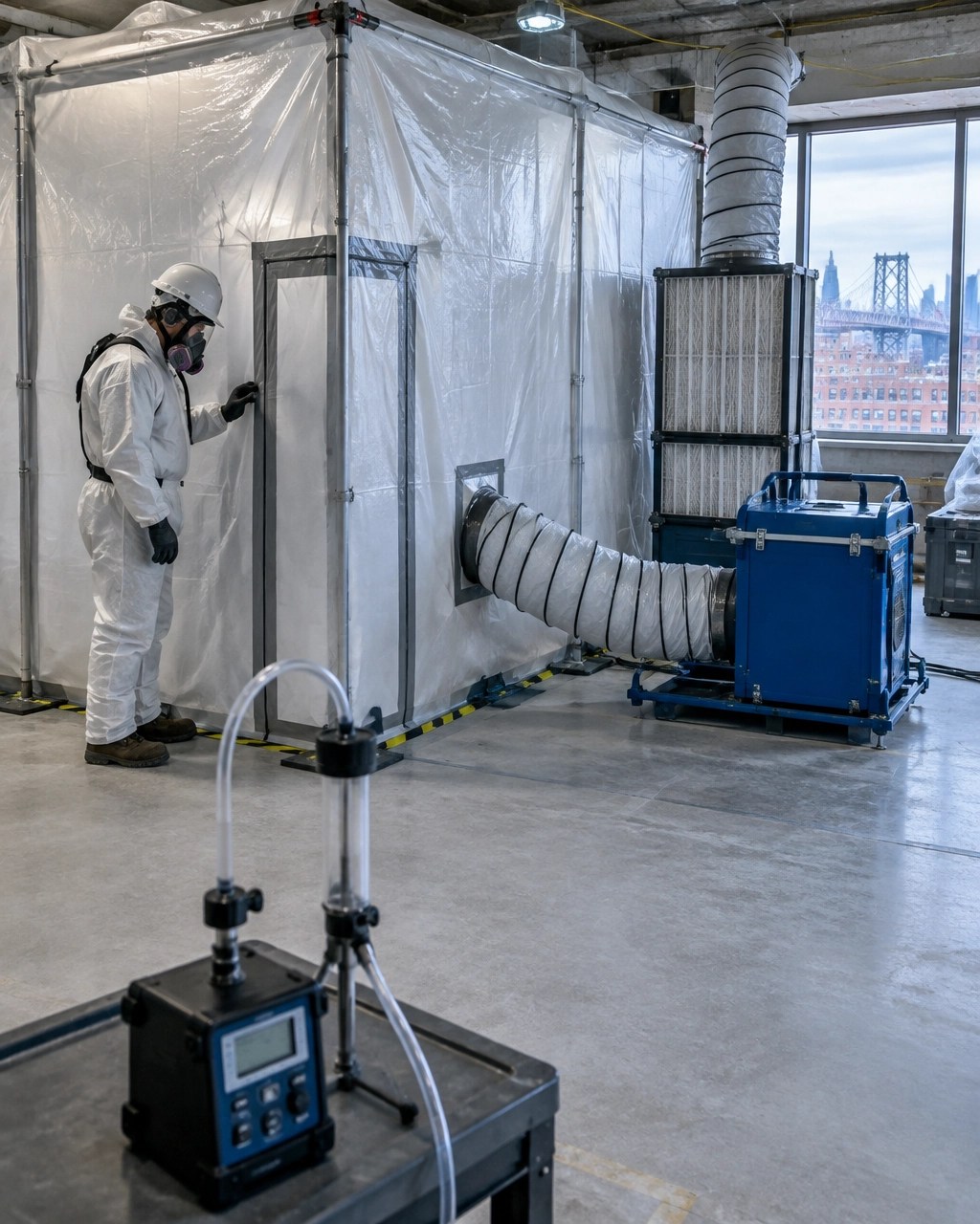 Organized asbestos abatement containment with negative-air equipment and air-monitoring instruments in a Brooklyn commercial renovation