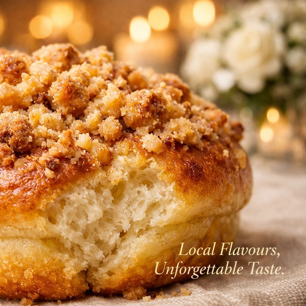 A close-up of a Rise & Bun Apple Crumble bun, a unique local dessert idea for Kent weddings.