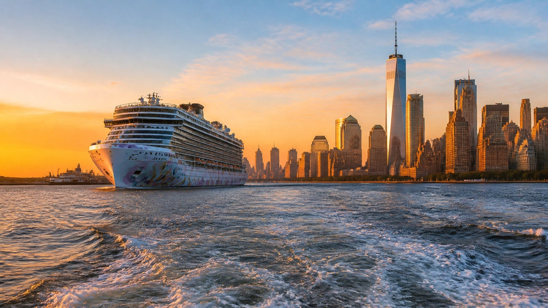 Norwegian Aqua leaving Manhattan at sunset with the New York skyline glowing behind it