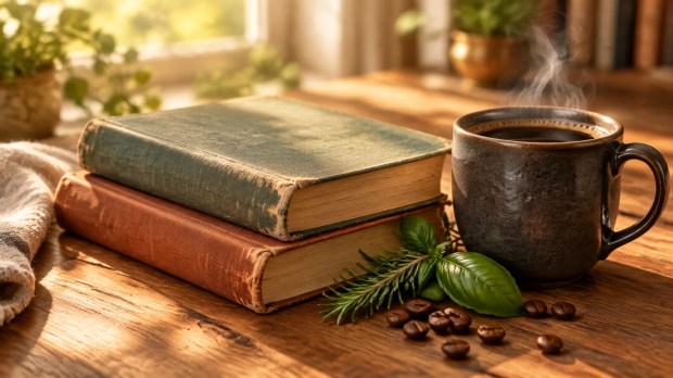 Two well-loved hardcovers beside a steaming mug of coffee, with rosemary and basil tucked at their base