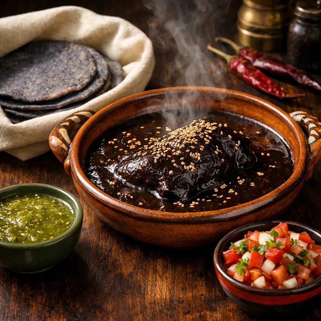 Authentic Mexican Mole Poblano served with blue corn tortillas and fresh salsas in a luxury dining setting.