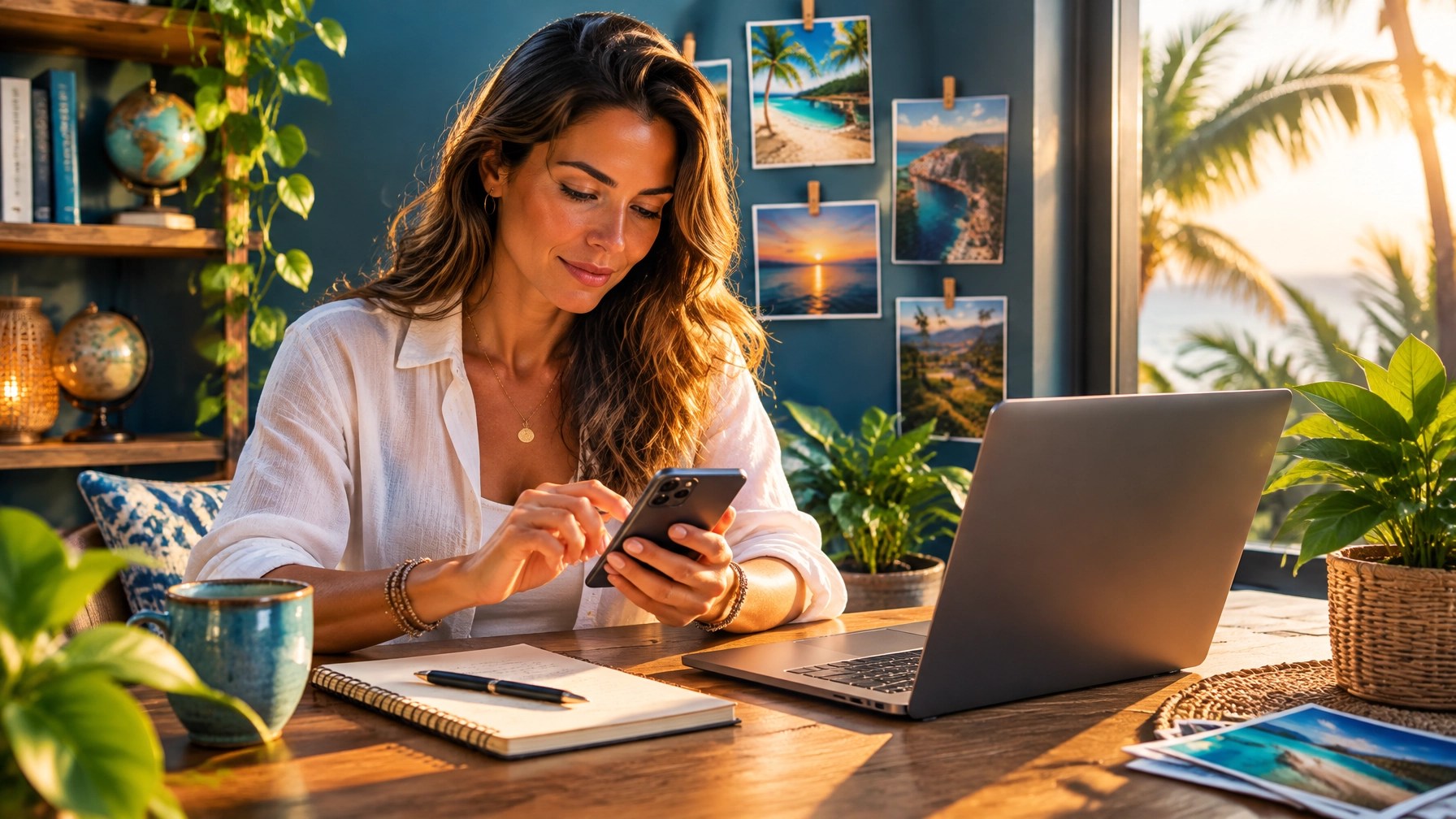A focused home workspace with a smartphone, laptop and handwritten weekly checklist in warm evening light
