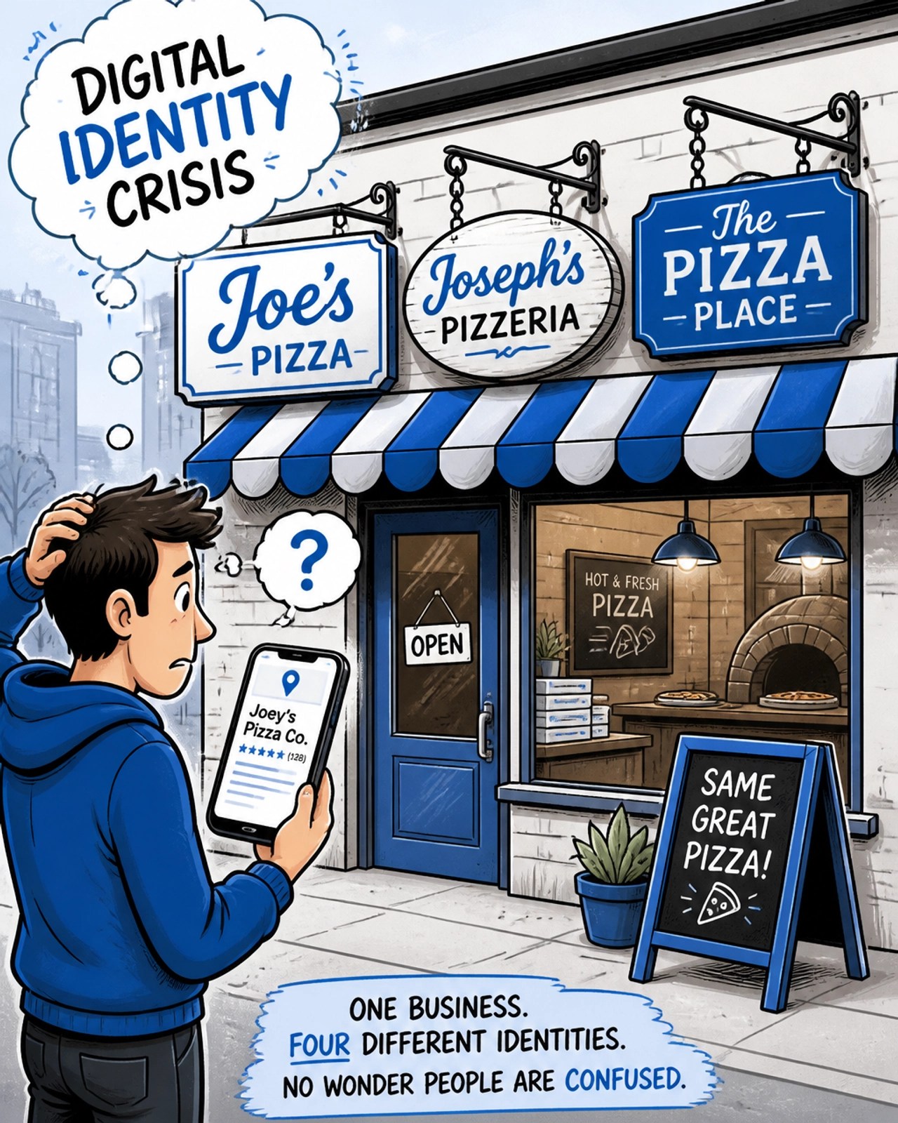 A confused customer standing in front of a storefront with multiple conflicting business signs