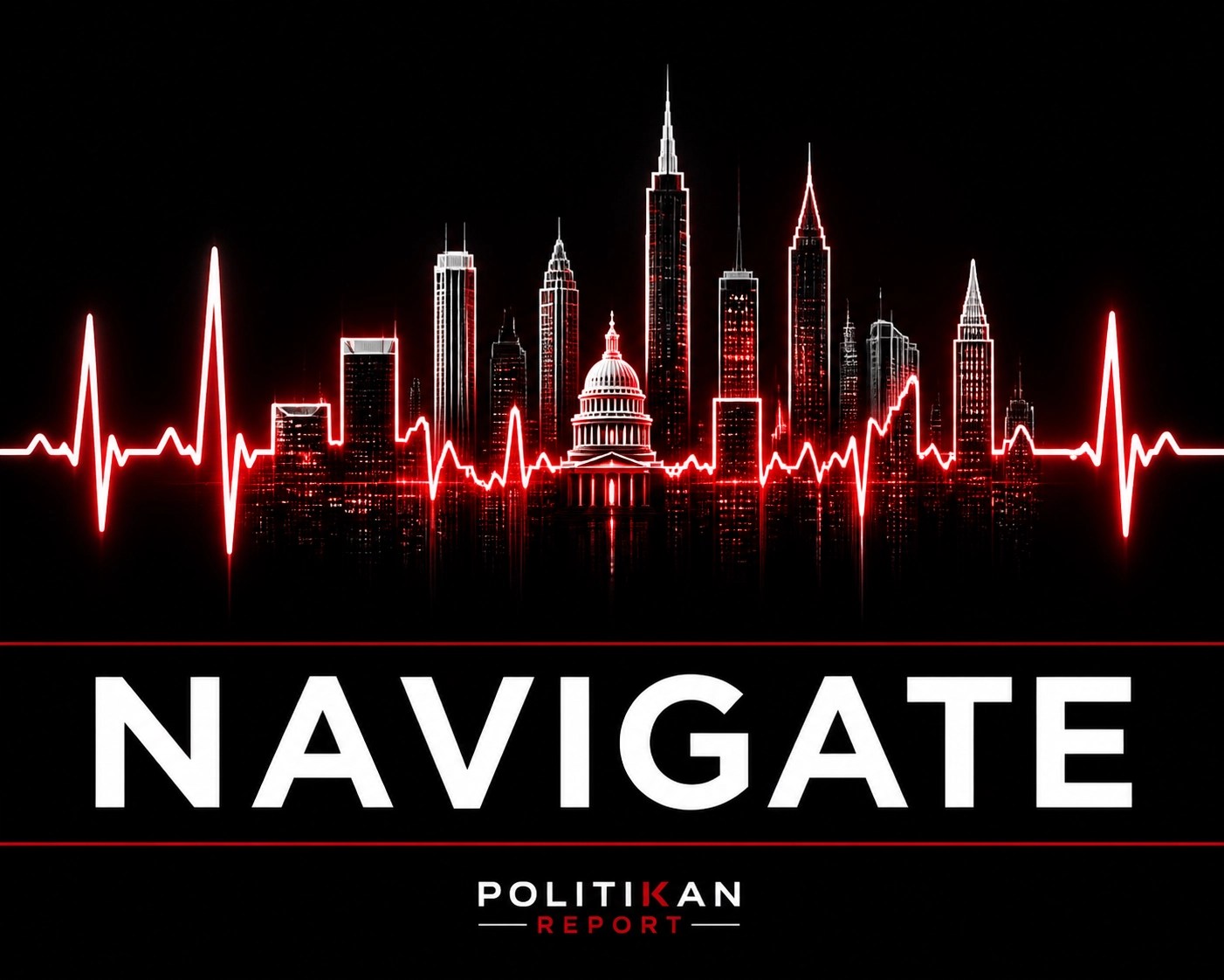 Red pulse line city skyline with NAVIGATE text for understanding the 2PM daily news cycle.