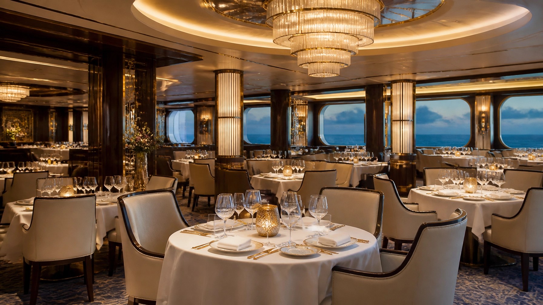 Luxury cruise ship main dining room with elegant tables and warm ambient lighting