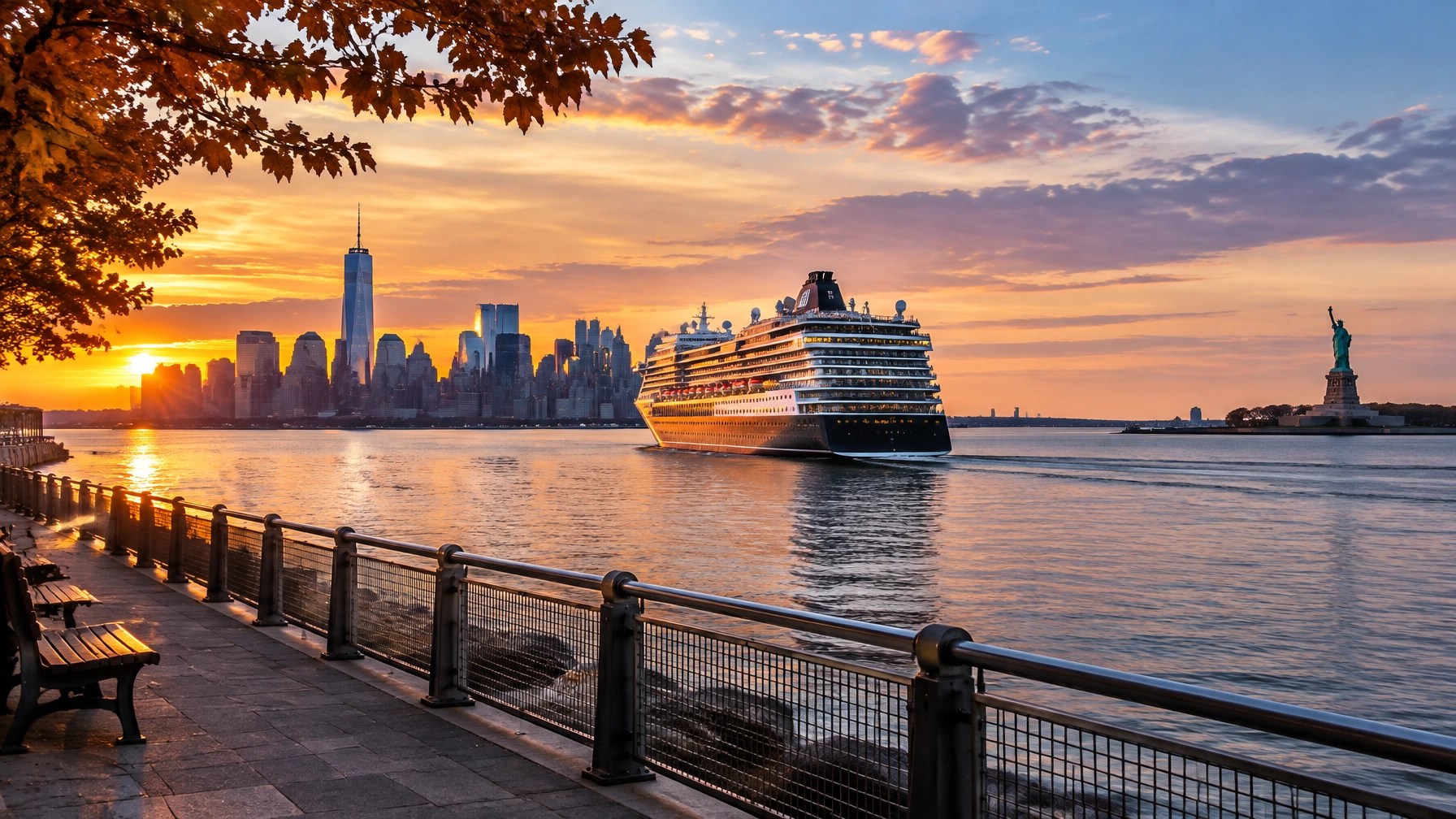 Cruise ship departing New York Harbor at sunset with Manhattan skyline