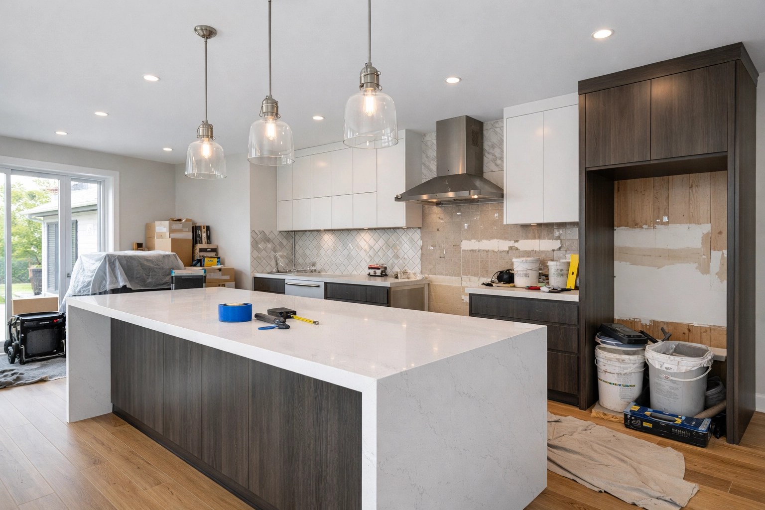 Chantier d'une rénovation de cuisine moderne à Trois-Rivières avec un îlot en quartz blanc.