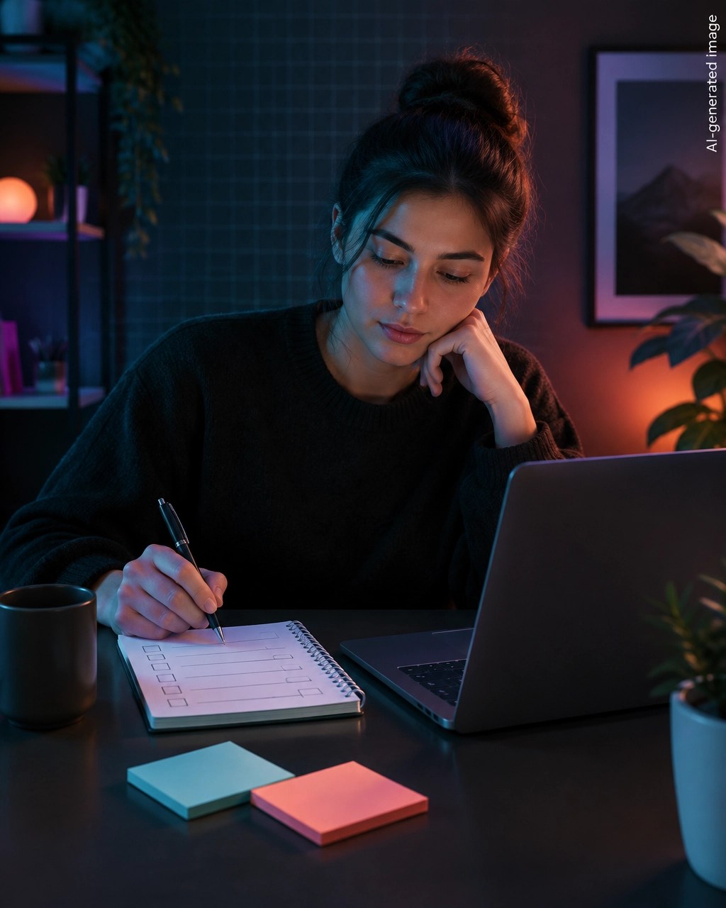 Solo founder following a short website checklist beside a laptop