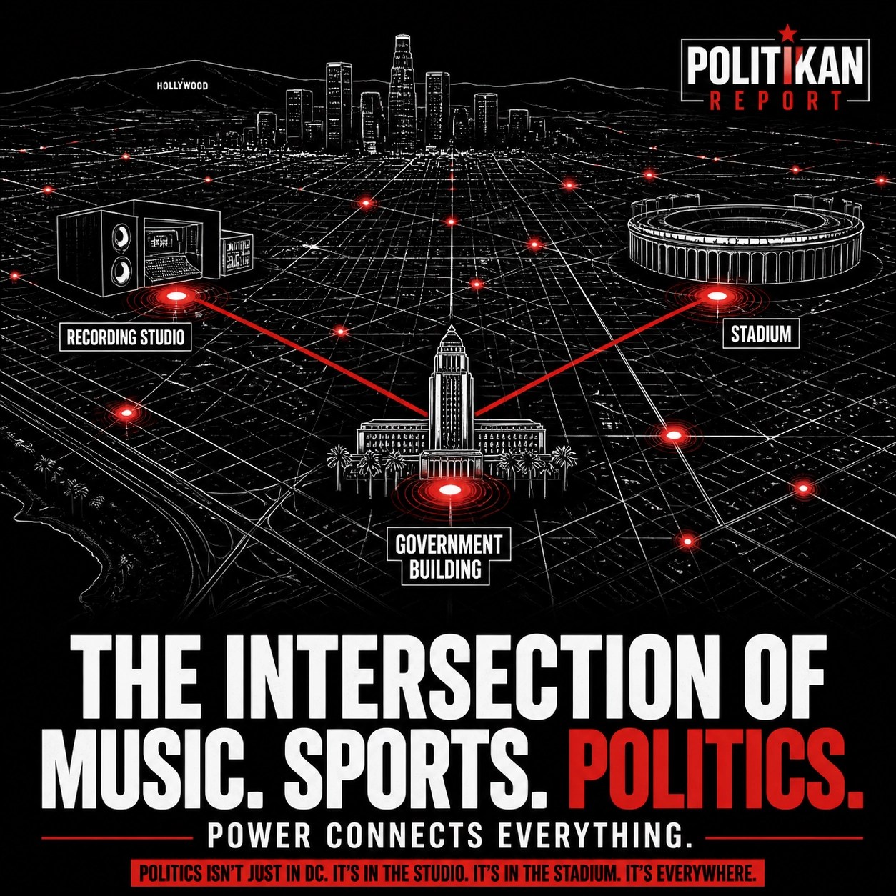 Digital grid of Los Angeles showing the intersection of music, sports, and political trends.