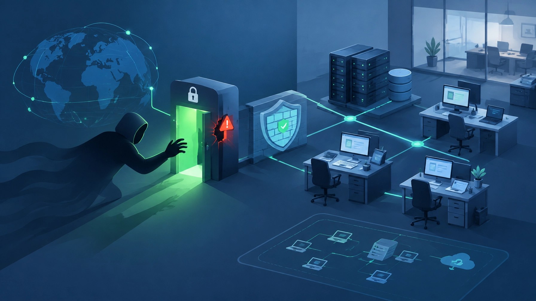 Illustration of an attacker attempting entry through an exposed VPN gateway into a small-business network