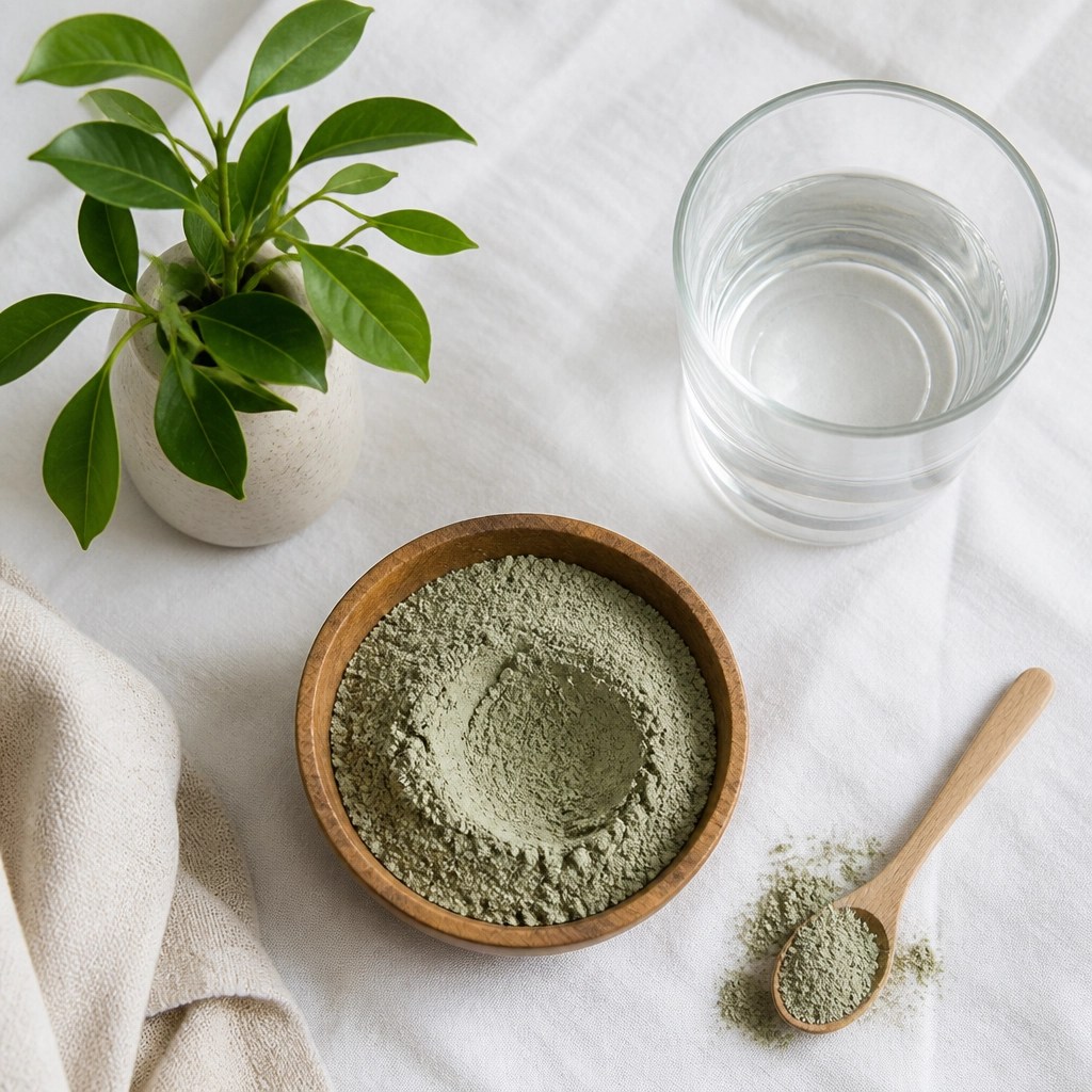 Flat lay of a natural healing kit with green clay