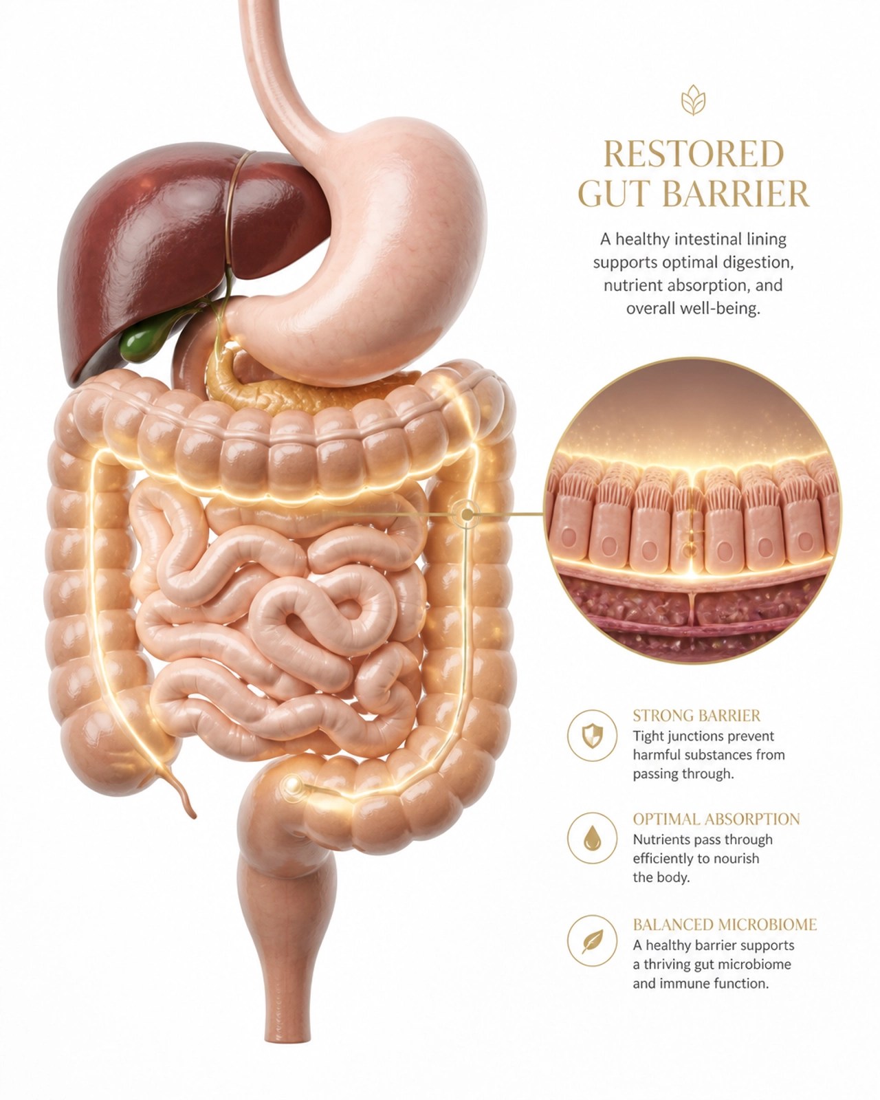 3D render of a healthy human digestive system with a golden glowing lining