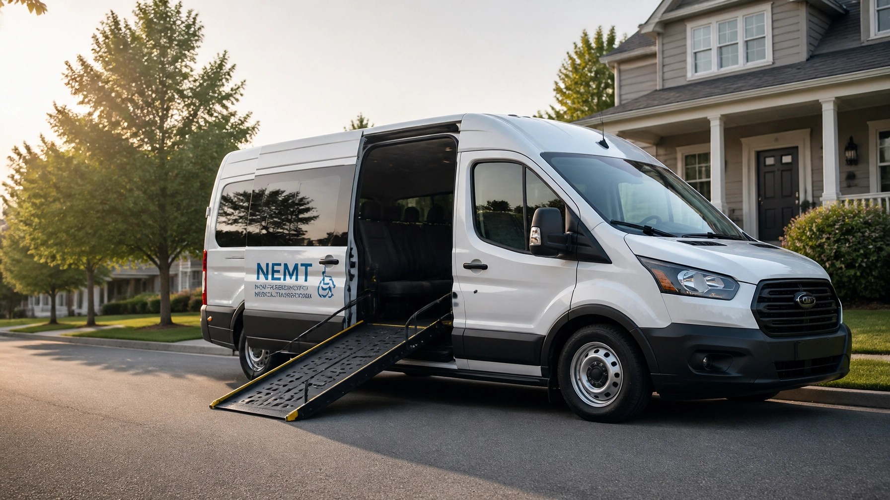 Professional NEMT van with ramp deployed in a bright, modern setting