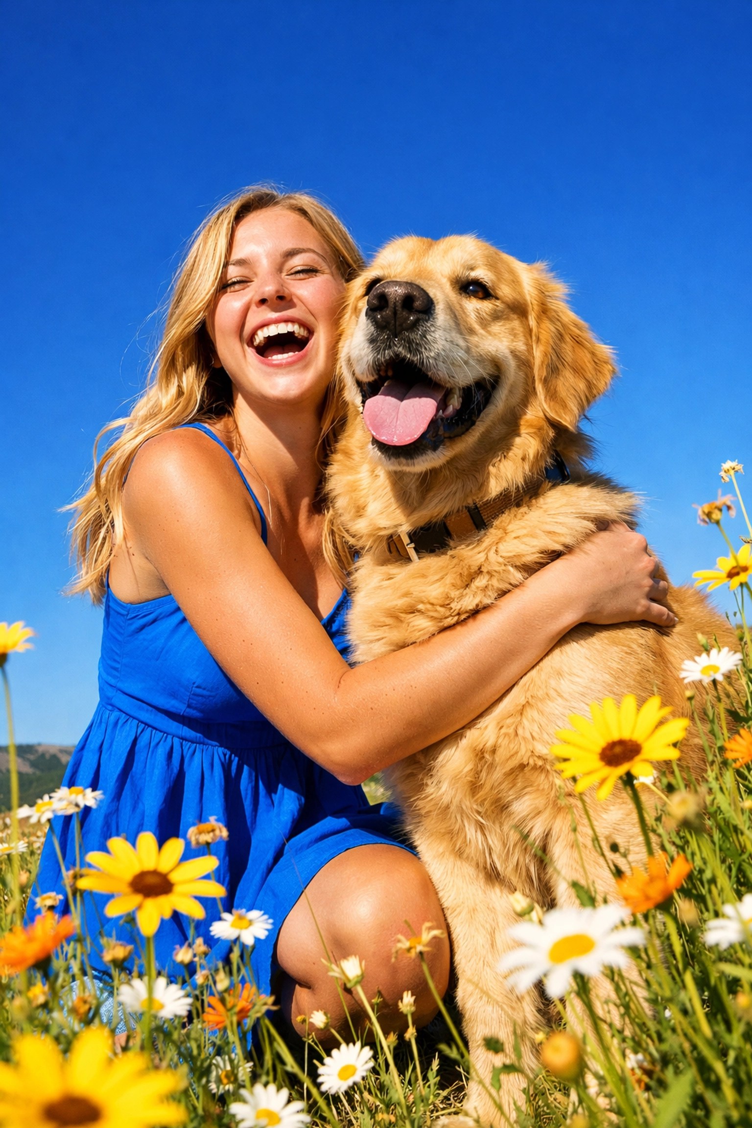 High school senior laughing while hugging her golden retriever in a wildflower field during a portrait session.