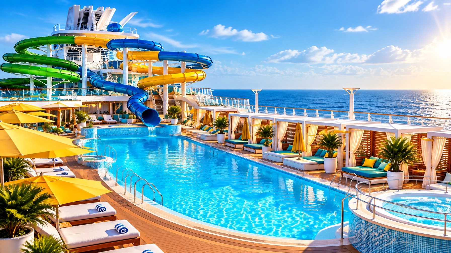 Empty cruise ship WaterWorks-style waterpark with twisting slides, sparkling pool, and ocean views