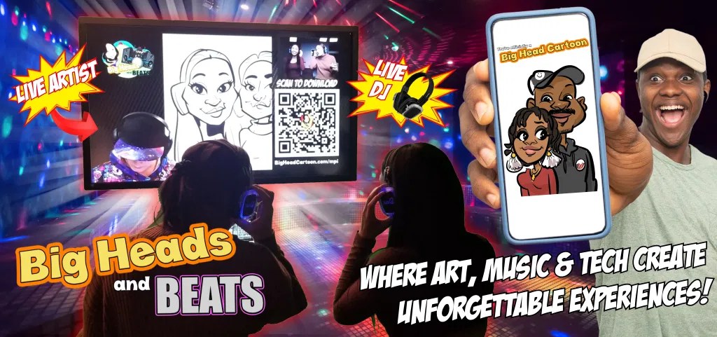 Full Big Heads & Beats setup showcasing the tech-driven artist, DJ, emcee, and digital engagement experience.