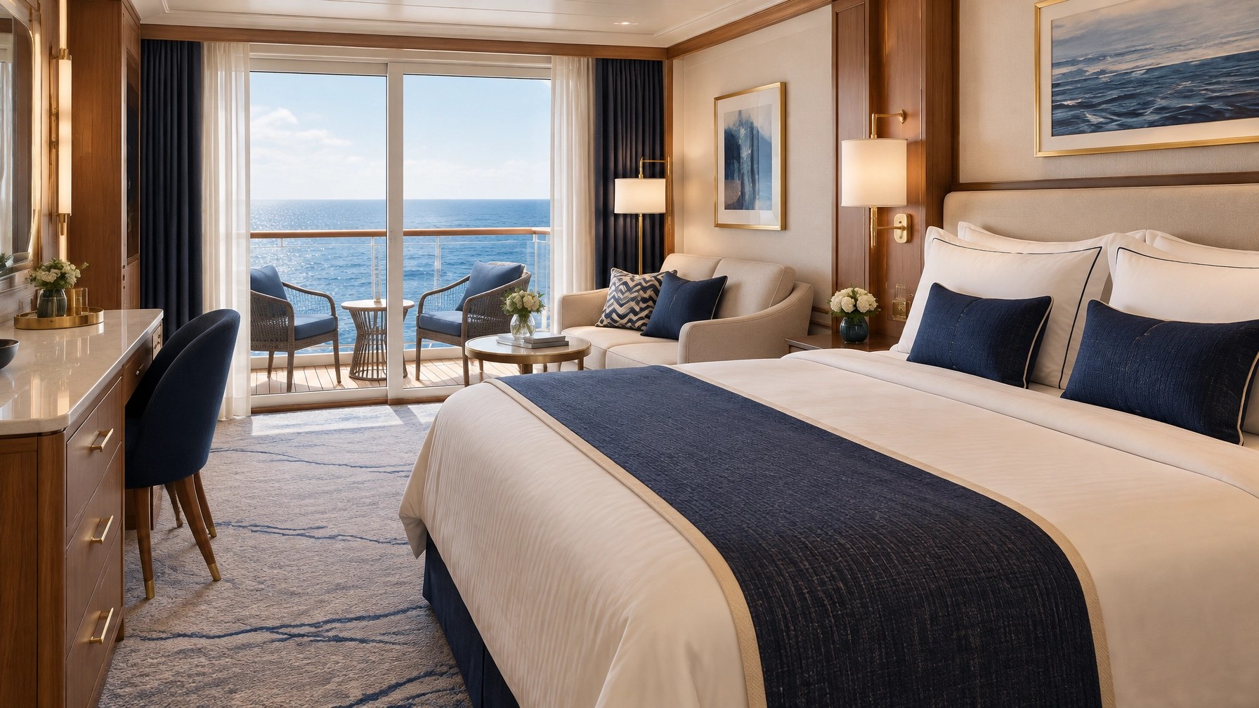 Elegant cruise balcony stateroom with ocean views, navy accents, and a serene luxury design