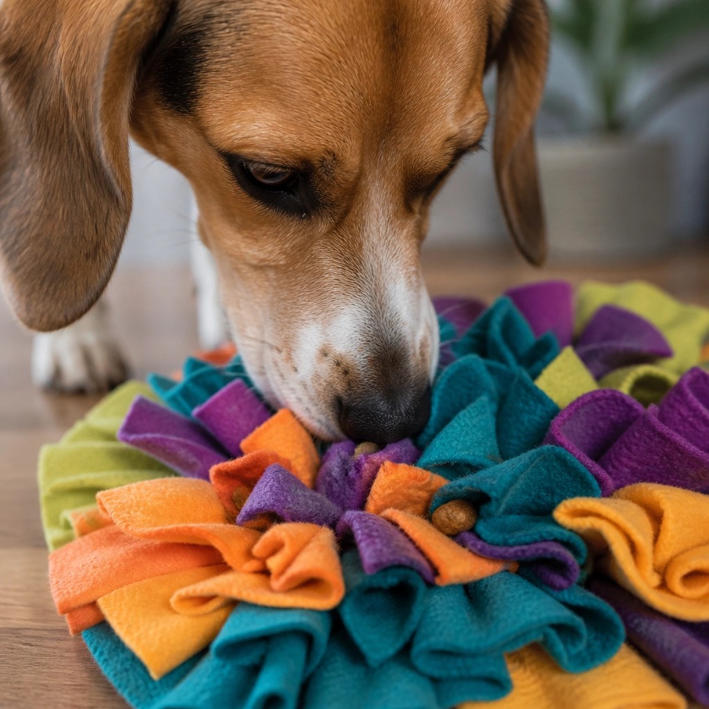 A dog sniffing a DIY snuffle towel with treats hidden inside